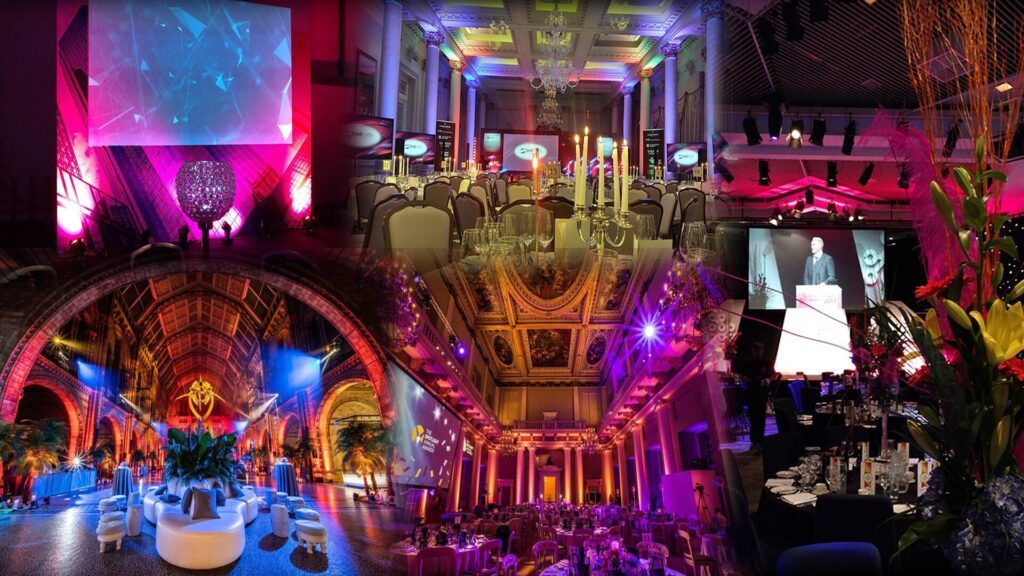 Elegant event space with vibrant lighting.