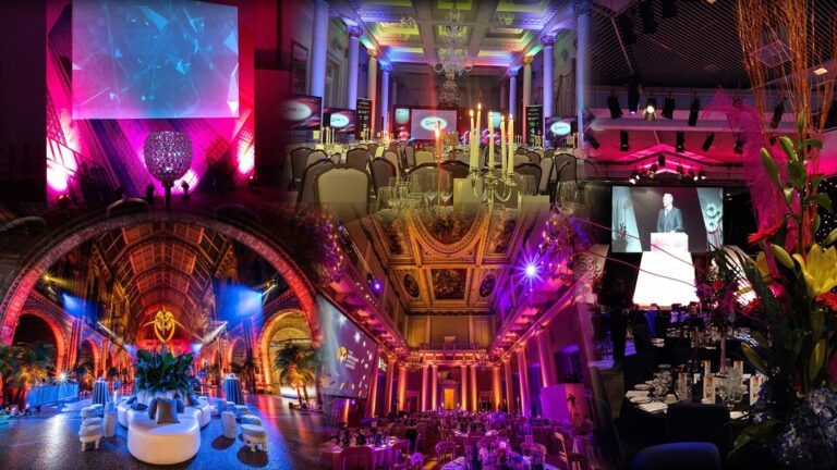 Elegant event space with vibrant lighting.