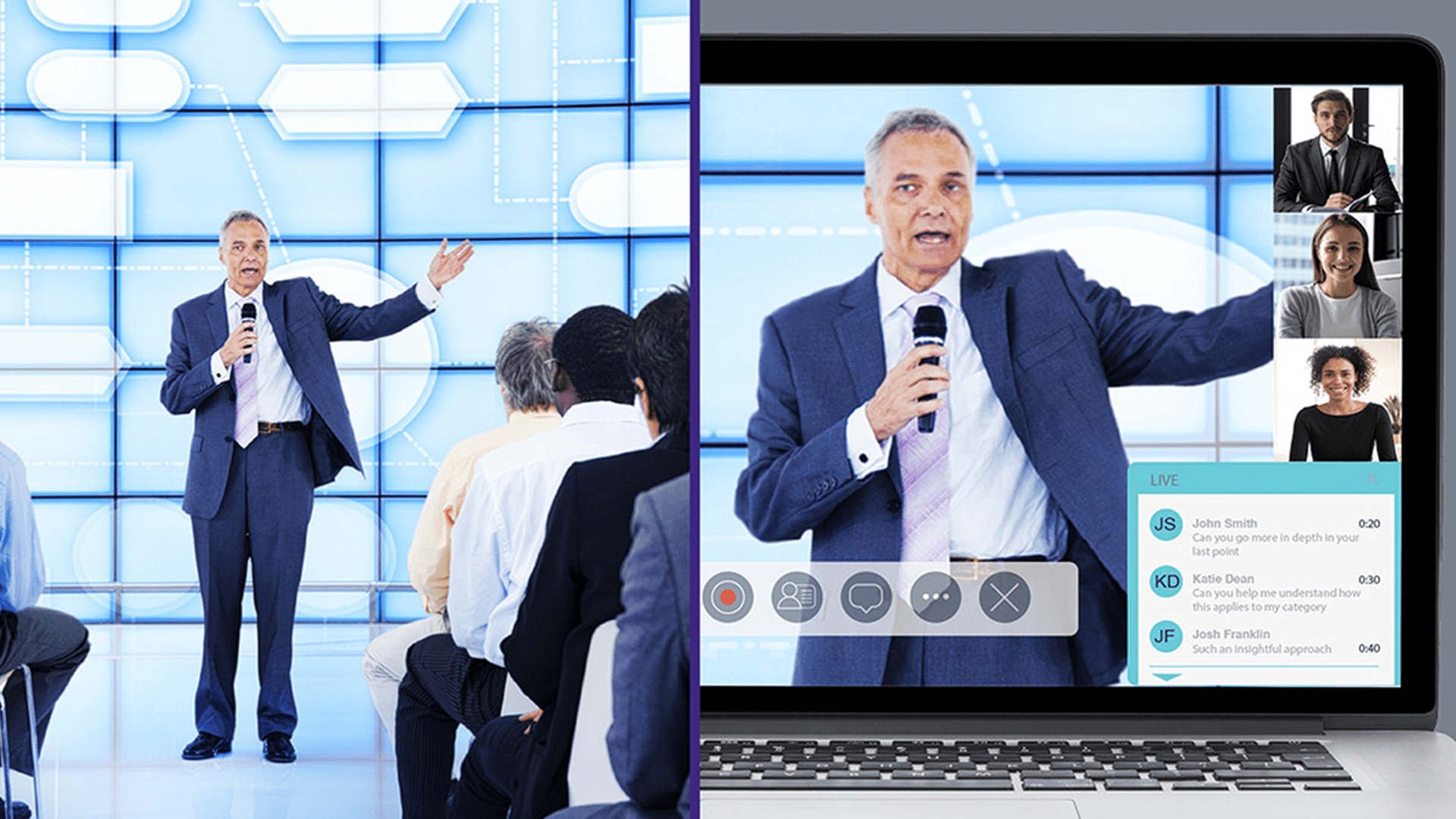 Speaker presenting at hybrid event